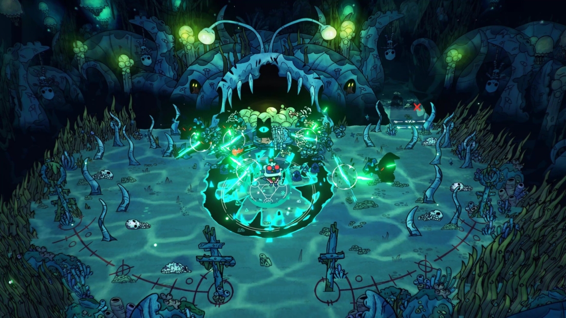 Glowing greenish figures fight in front of a large open cave entrance with teeth in a dark landscape surrounded by skeletons and bones.
