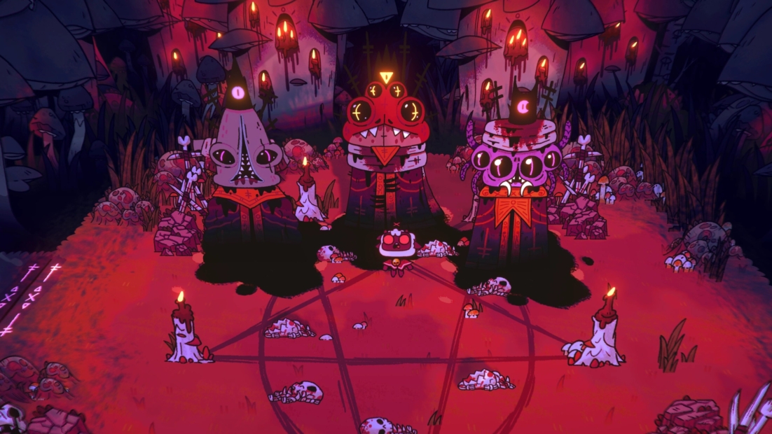 Three stylized figures with glowing symbols on their heads stand in an outdoor area marked by a pentagram and illuminated by candles, surrounded by skulls.