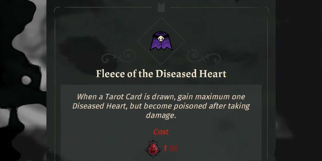 Game menu titled 'Fleece of the Diseased Heart' with description of a tarot card effect and cost shown with a red symbol.