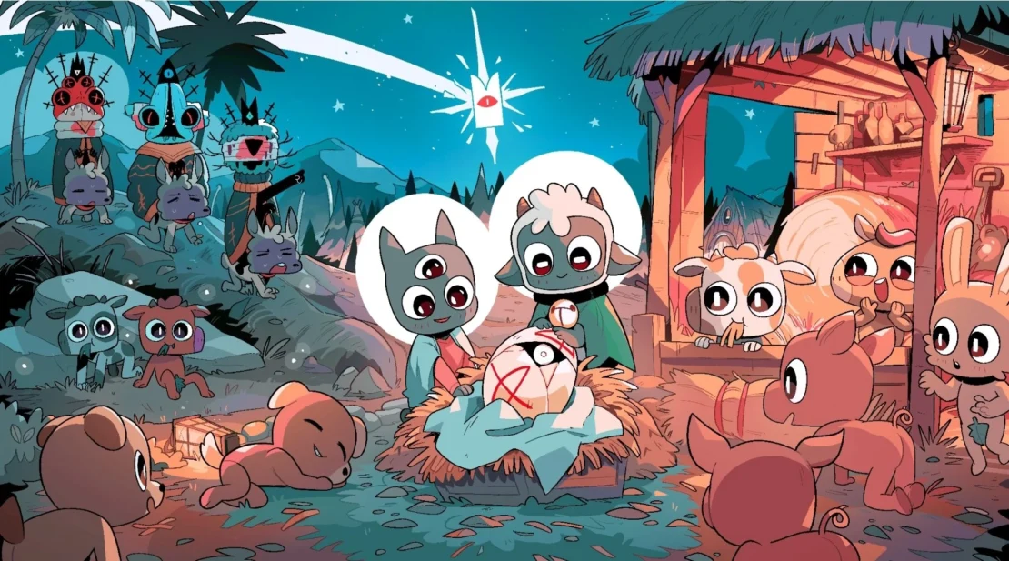 Various fantasy animal characters gather at night around a campfire and a wrapped figure inside a hut under palm trees.