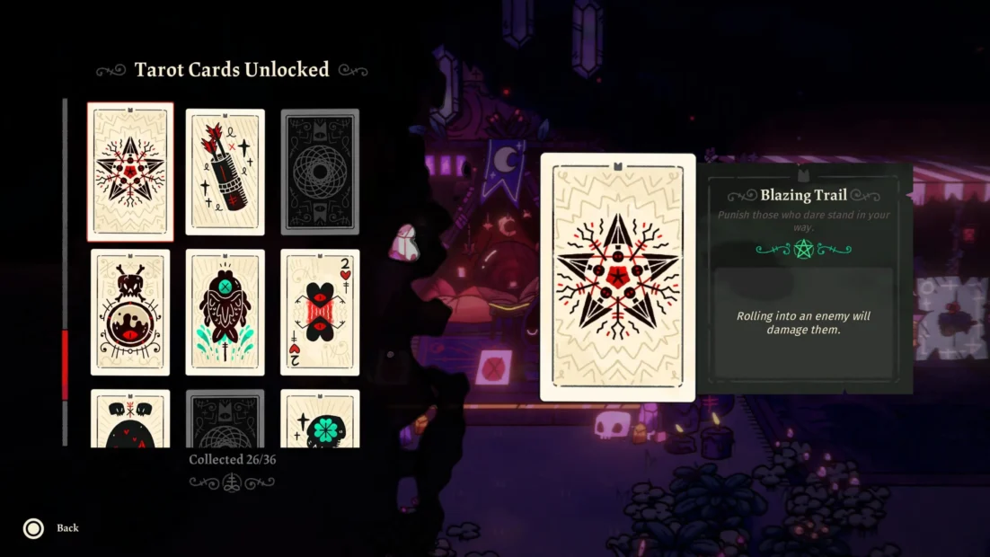Game menu showing nine unlocked tarot cards in two rows and a highlighted card on the right with descriptive text.