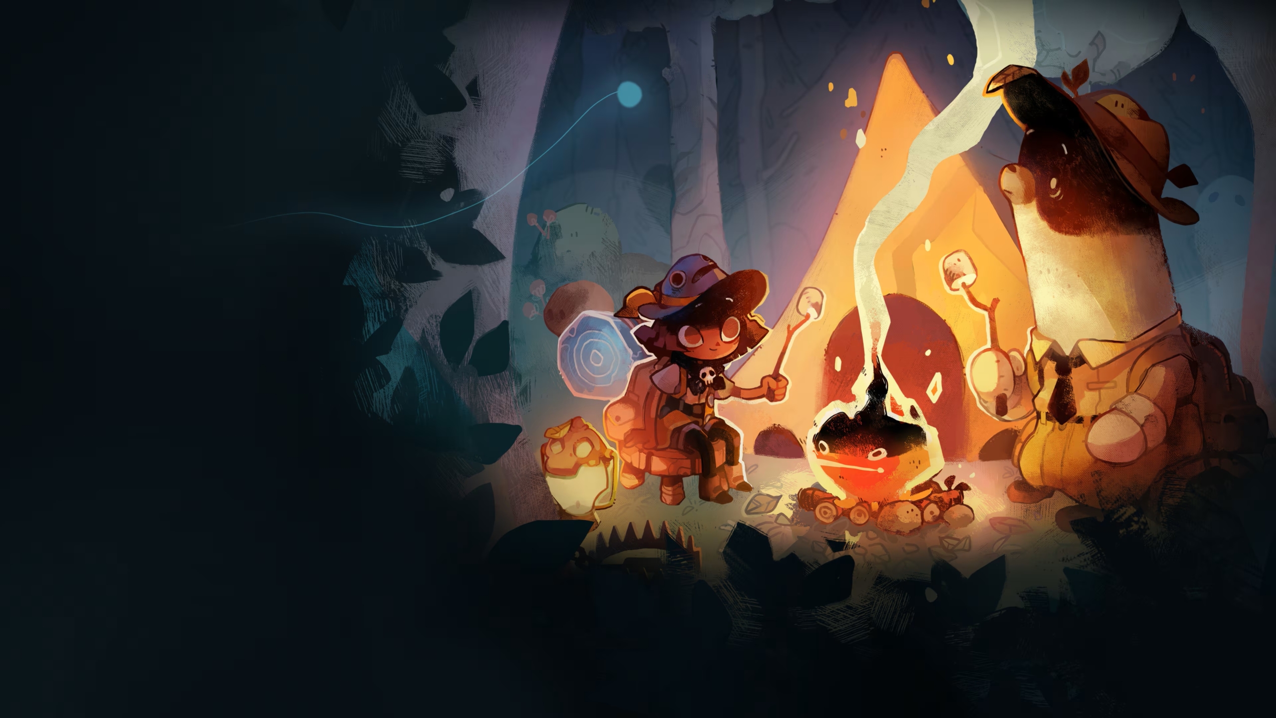 Zwei Comicfiguren aus Cozy Grove sitzen in einem dunklen Wald am Lagerfeuer und rösten Marshmallows.