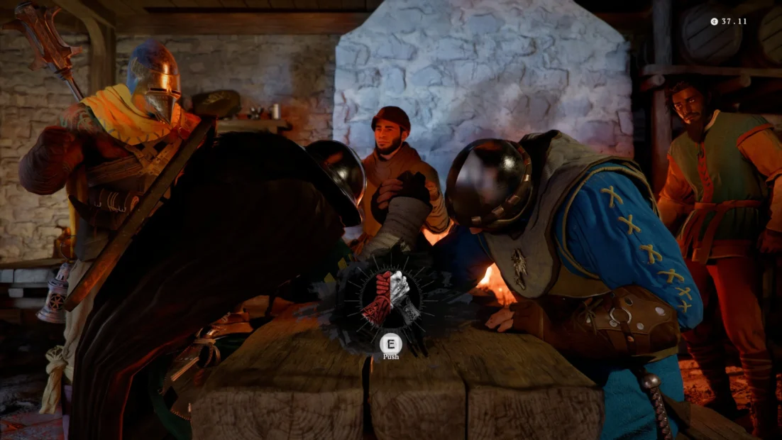 Two armored knights arm wrestling over a wooden table in a stone room with two other people in the background