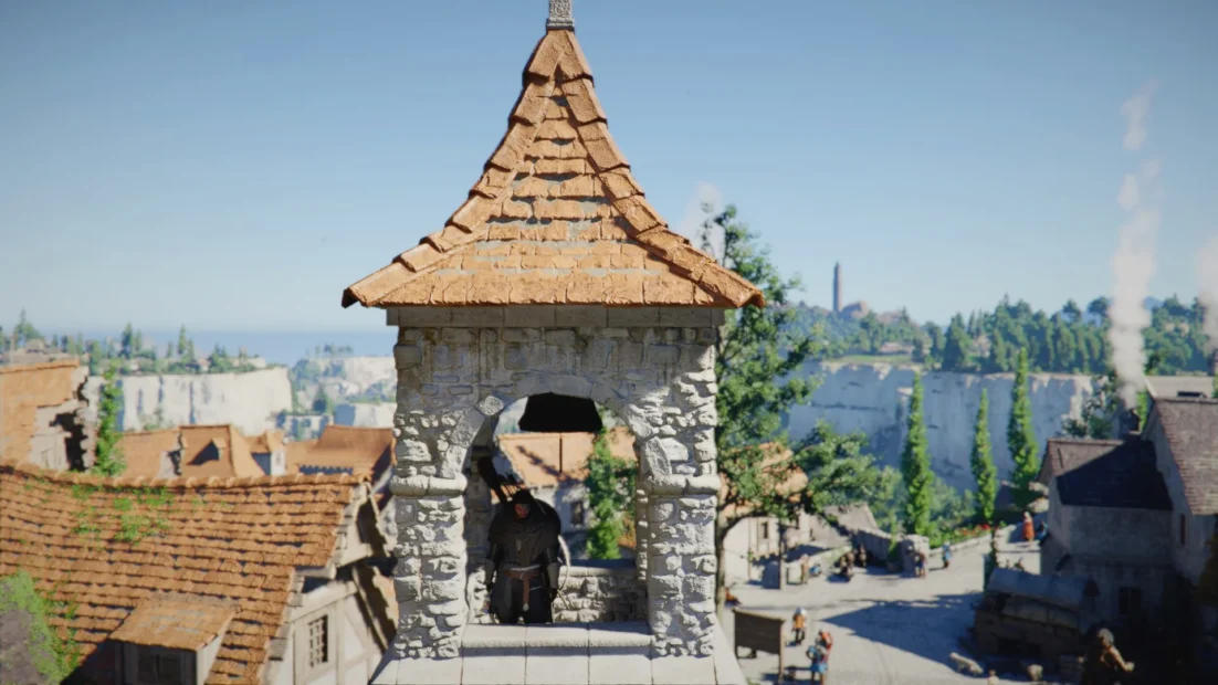 Crimson Desert Tipps. Steinerner Glockenturm mit spitzem Dach und einer Person im Inneren, umgeben von Häusern mit ziegelgedeckten Dächern und bewaldeter Landschaft im Hintergrund