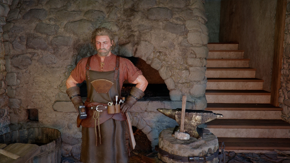 Schmied mit Lederschürze und Handschuhen steht vor einem Steinofen und einem Amboss in einer Werkstatt mit Steintreppe im Hintergrund