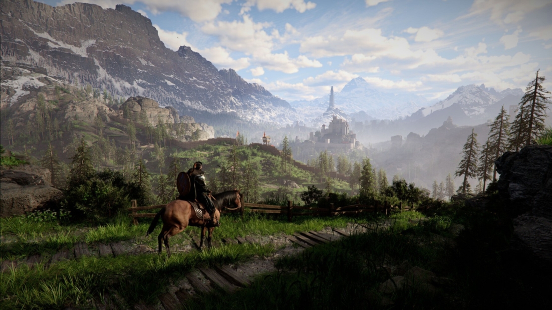 Crimson Desert Cheats: Rider on horseback looking out over a mountainous landscape with forest and a castle in the valley