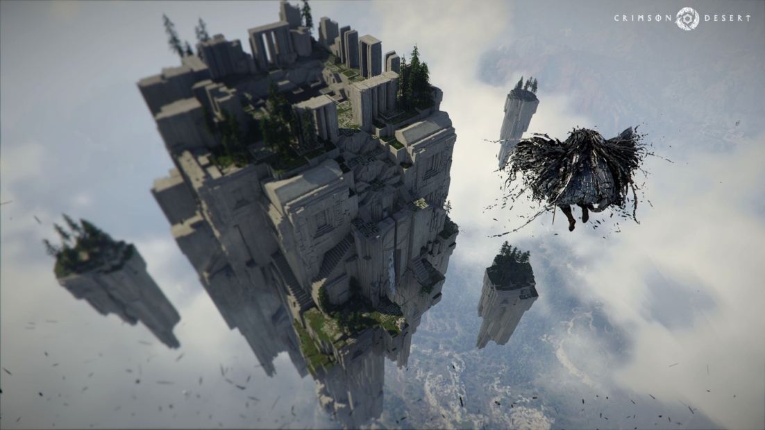 Floating jagged rock island with buildings and vegetation and a flying figure with outstretched arms and long disheveled hair