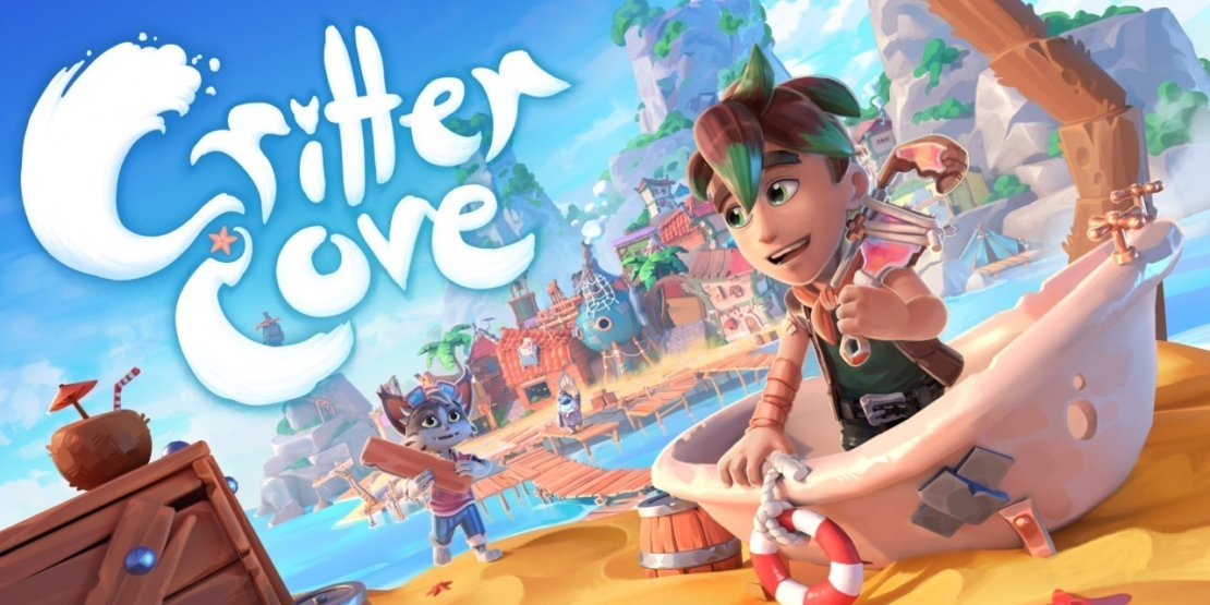 Animierte Figur mit grünen Haaren und Tribal-Tattoos sitzt in einer Badewanne am Strand mit bunten Häusern und einer anderen Figur, die im Hintergrund winkt, unter dem Titel „Critter Cove”.