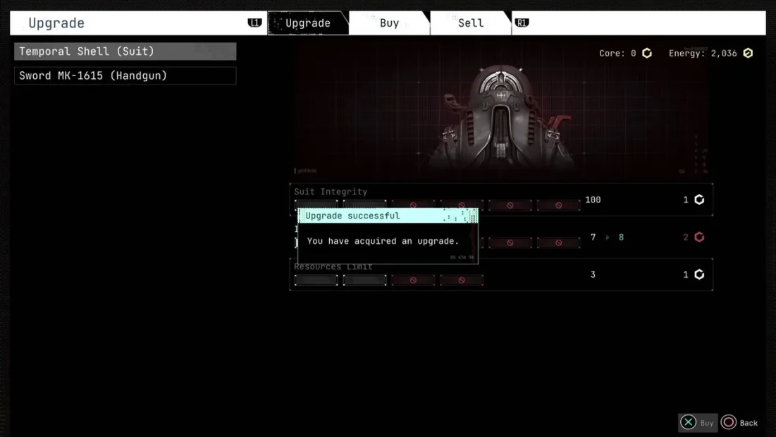 Upgrade interface from 'Cronos: The New Dawn' showing 'Temporal Shell (Suit)' and 'Sword MK-1615 (Handgun)'. Status: 'Upgrade successful', Suit Integrity: 100, Resources: 3.