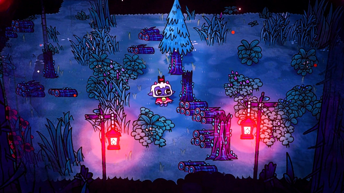 Small cartoon figure with horns stands in a dark forest with tree stumps, bushes, and two red lanterns.