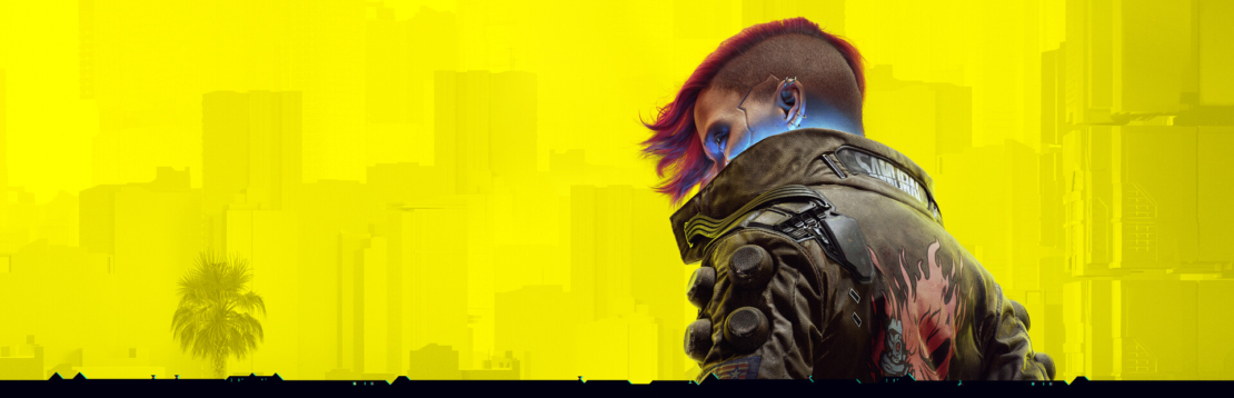 Person with mohawk and futuristic jacket against yellow background with faint city skyline