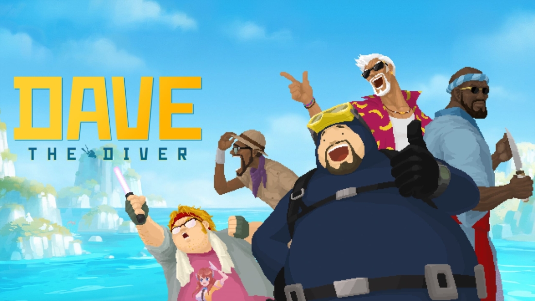 Four cartoon characters in diving suits in front of a sea landscape, one holding a glowing stick, another giving a thumbs up, text 'DAVE THE DIVER' in yellow and black.