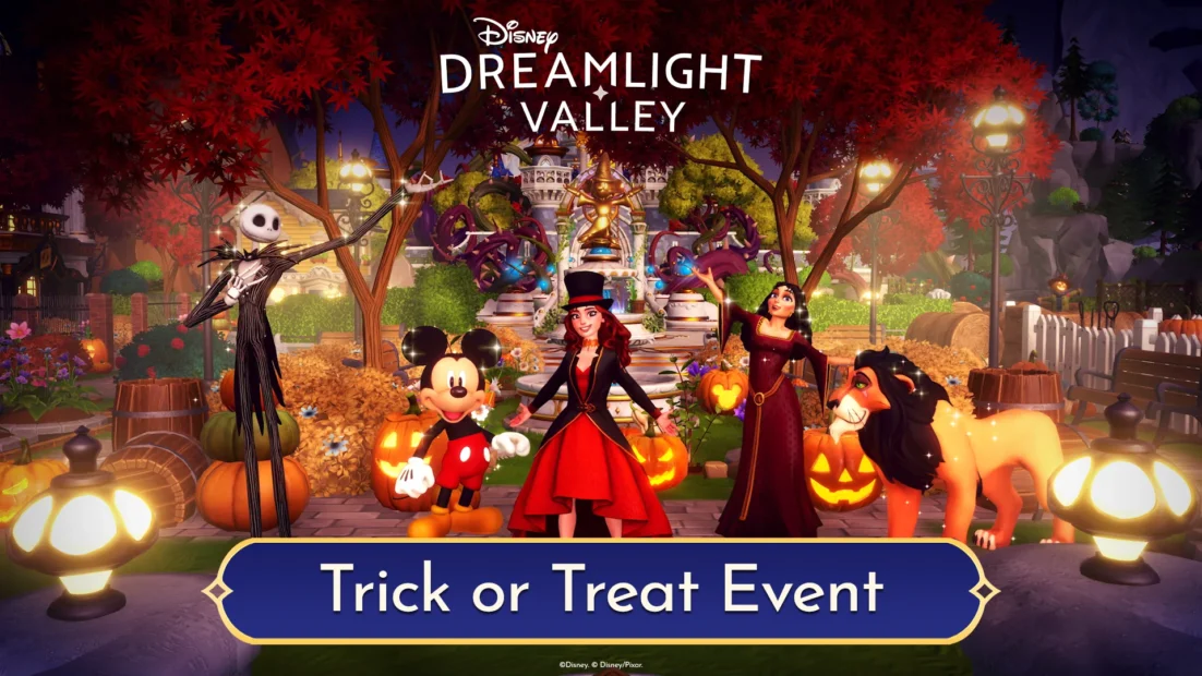 Disney Dreamlight Valley mit Halloween-Dekoration, darunter Mickey Mouse, Jack Skellington, zwei Figuren in Kostümen und Halloween-Kürbisse, Text 'Trick or Treat Event'.
