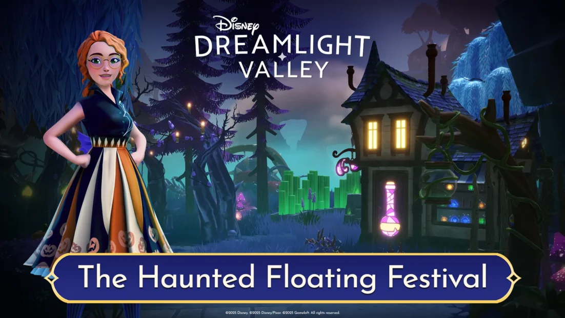 Halloween-Events in Singleplayer-Spielen: Figur mit geflochtenem Haar und langem Kleid vor beleuchtetem Haus in dunklem Wald, darüber Schrift 'Disney Dreamlight Valley' und darunter 'The Haunted Floating Festival'.