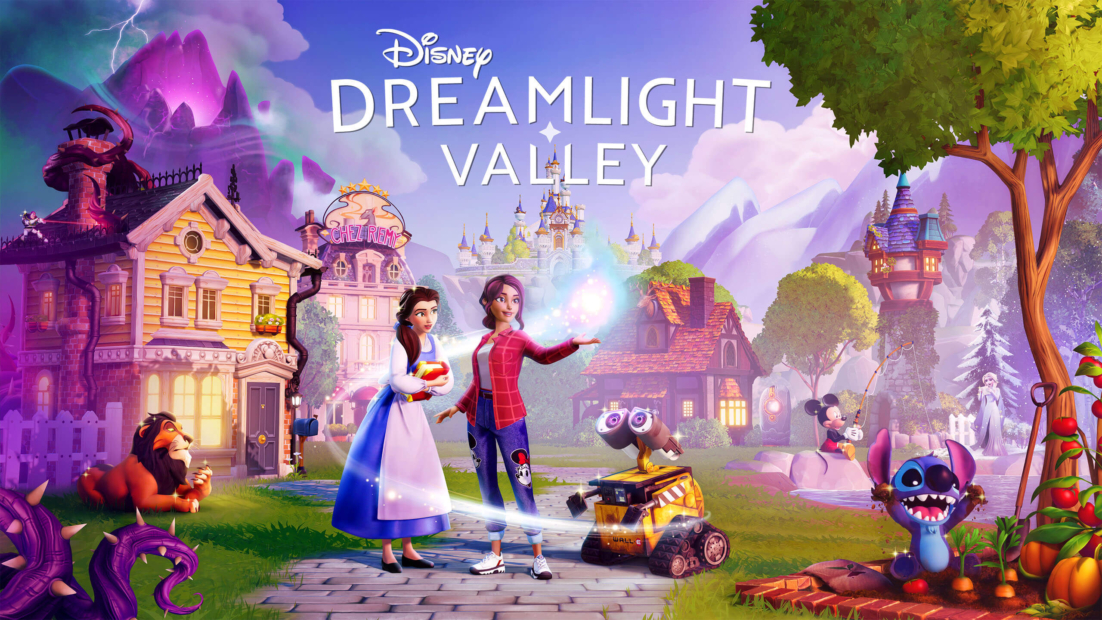 Verschiedene Disney-Figuren wie Belle, WALL-E, Stitch und Mickey Mouse stehen in einem farbenfrohen, märchenhaften Dorf mit Häusern, Bäumen und Bergen im Hintergrund.