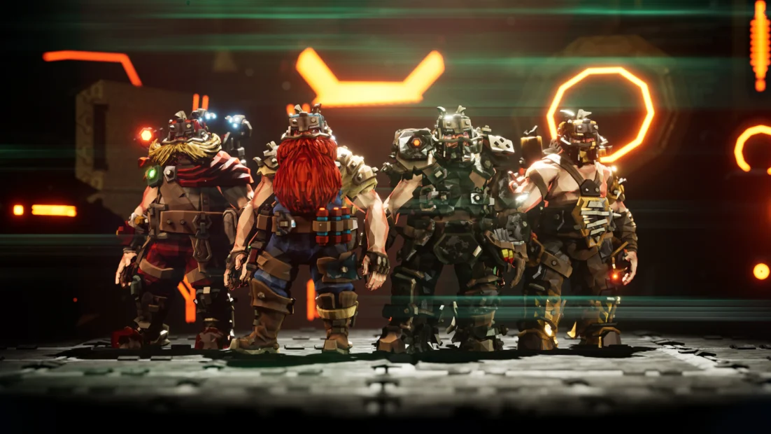 Four heavily armed dwarf characters in futuristic armor stand side by side against a dark background with glowing orange geometric shapes.