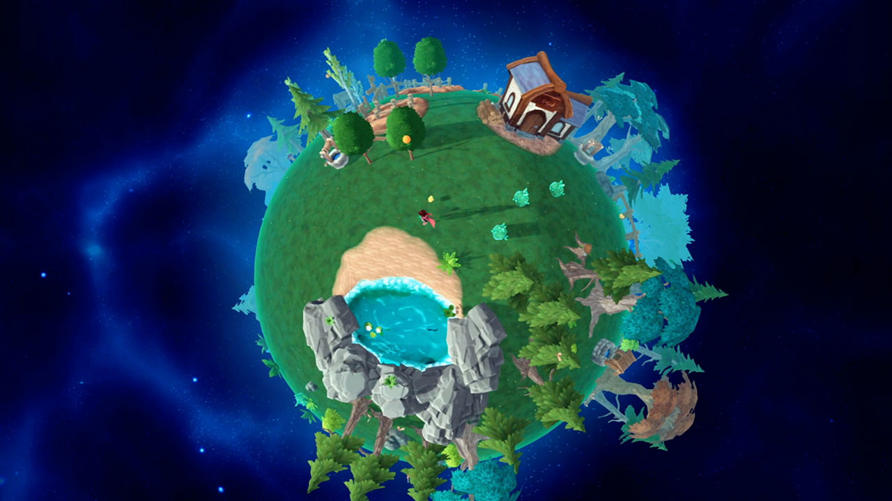 Kleiner grüner Planet aus dem Spiel Deiland mit Bäumen, einem von Felsen umgebenen Teich, einem Sandstrand und einem kleinen Holzhaus.