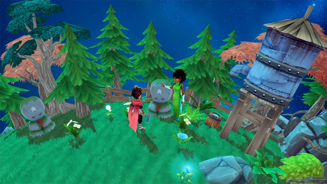 Zwei Figuren in bunten Gewändern stehen neben Steinstatuen mit Sternsymbolen auf einem grasbewachsenen Hügel, umgeben von Kiefern und einem hölzernen Wasserturm unter einem Sternenhimmel im Spiel Deiland.