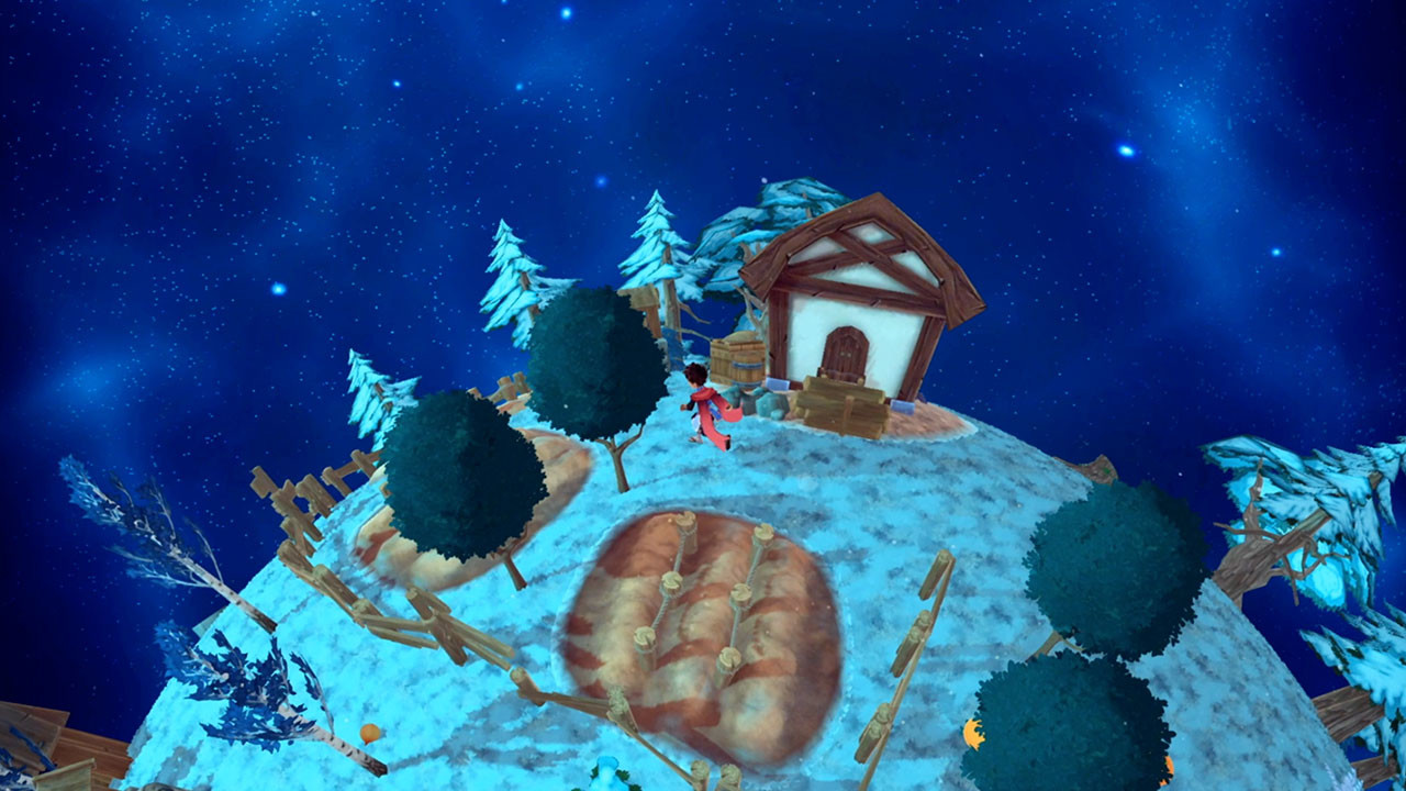 Kleine Figur, die in dem Spiel „Deiland“ auf einem winzigen verschneiten Planeten in der Nähe eines kleinen Holzhauses und von Bäumen unter einem Sternenhimmel einen Garten mit vier bepflanzten Reihen pflegt.