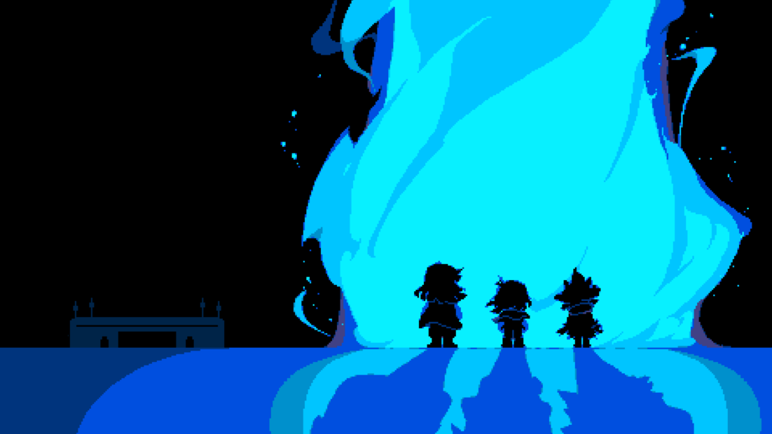 Drei Figuren aus DELTARUNE stehen vor einer großen blauen Flamme mit dunklem Hintergrund und einer fernen Gebäudesilhouette.