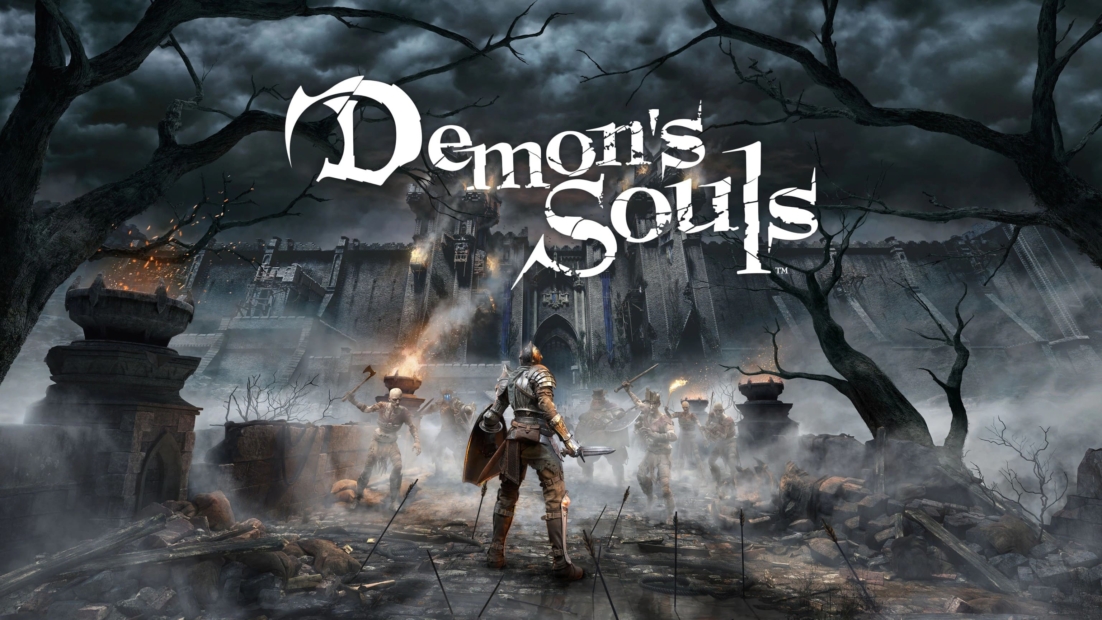 Ritter mit Schwert und Schild steht vor einer düsteren Burg in einer nebligen, kahlen Landschaft unter einem bewölkten Himmel mit dem Schriftzug 'Demon's Souls'