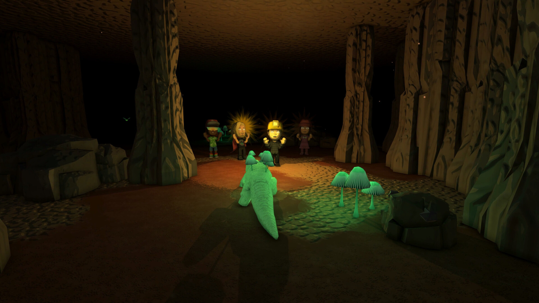 Game characters in a mine looking at a crocodile