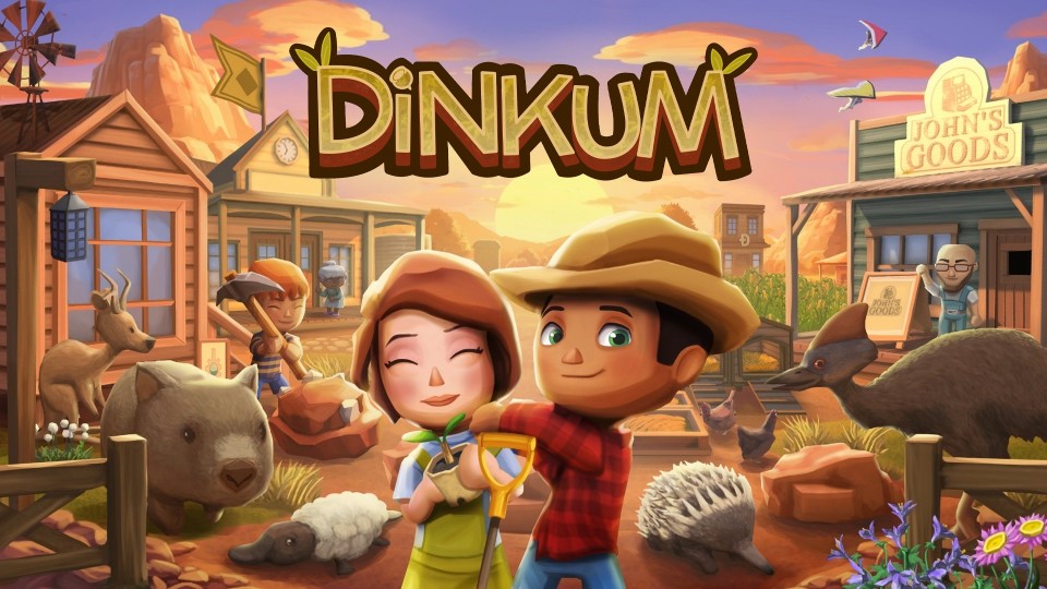 Animierte Szene in einem ländlichen Dorf mit zwei lächelnden Figuren, die eine Schaufel halten, umgeben von Tieren und Holzhäusern unter einem Sonnenuntergangshimmel, mit dem Titel „Dinkum” darüber.