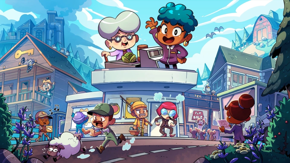 Cartoon-Szene aus dem Spiel „Discounty“ mit Figuren in einer Stadt. Eine ältere Frau mit Brille und Kochmütze steht auf einem Gebäude, während ein Mädchen mit lockigem Haar neben ihr lächelt. Unten sind verschiedene Figuren bei ihren Aktivitäten zu sehen, darunter ein Mann mit grüner Mütze, eine Frau, die ein Schild liest, und ein Schaf. Im Hintergrund sieht man bunte Gebäude und Bäume.