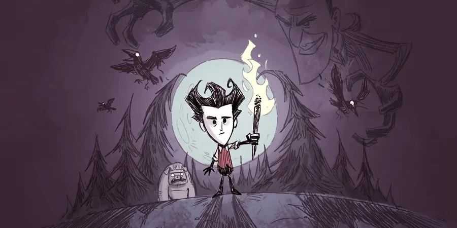 A character with messy hair holds a torch, surrounded by dark silhouettes of trees and flying creatures against a large moon.