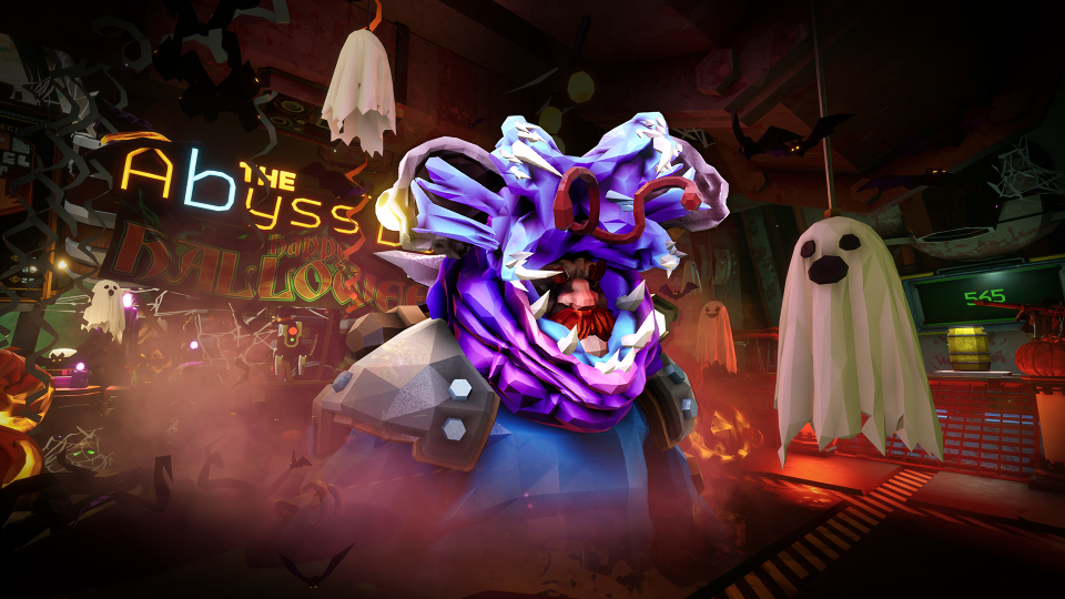 Großes, violettes, monströses Wesen mit offenem Maul und scharfen Zähnen in einer düsteren, nebligen Umgebung mit hängenden Geisterdekorationen.