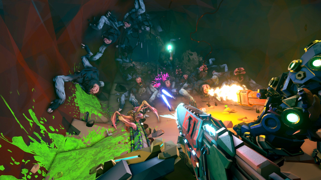 Deep Rock Galactic Rogue Core Tipps: Sicht aus der Ich-Perspektive auf eine futuristische Waffe, die auf mehrere am Boden liegende und angreifende humanoide Kreaturen in einer dunklen, engen Umgebung gerichtet ist