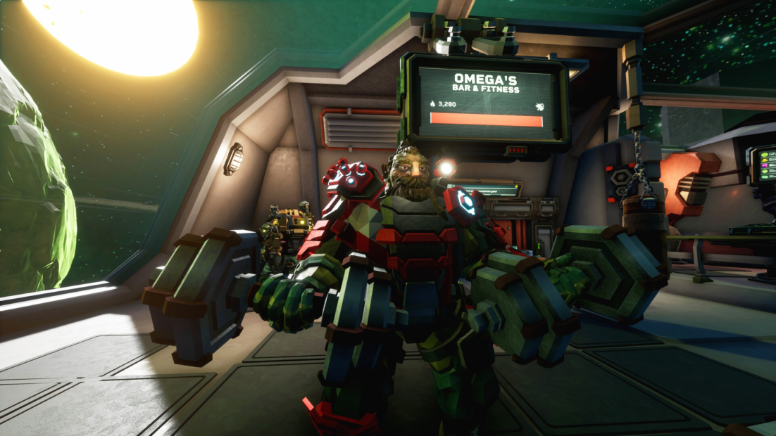 Deep Rock Galactic Rogue Core Classes: Character with massive arms and a screen displaying 'OMEGA'S BAR & FITNESS' in a futuristic interior with a large light source in the background