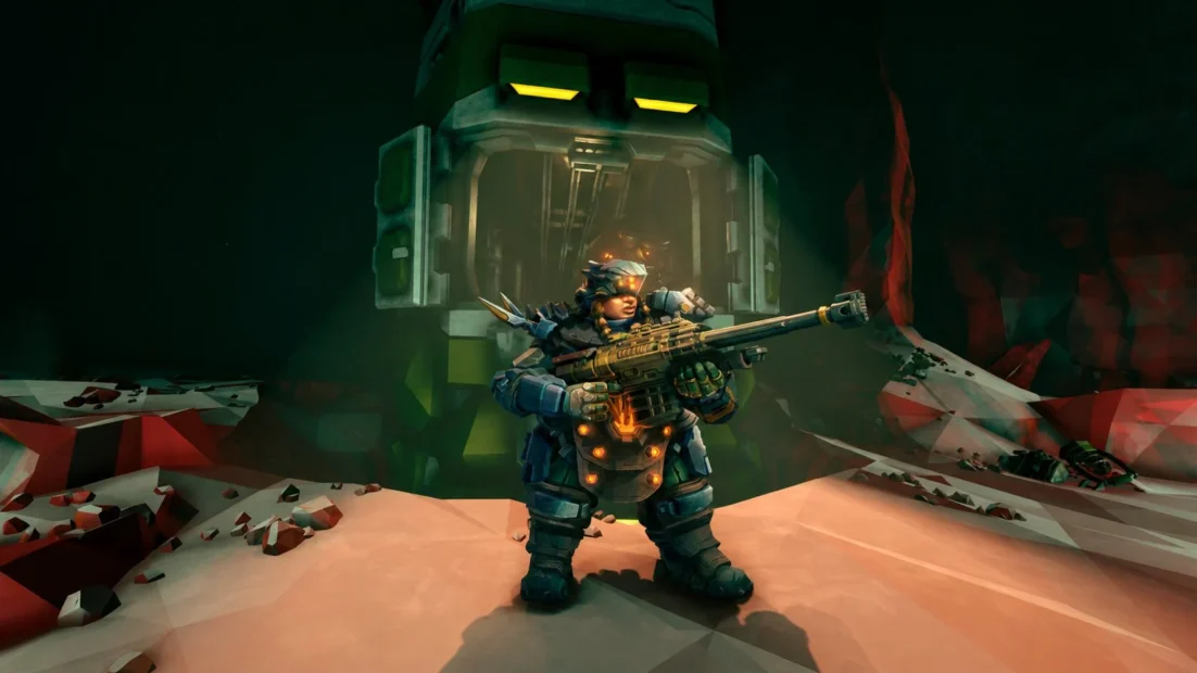 Small soldier wearing a helmet and holding a rifle stands in front of a large glowing stone face inside a cave.