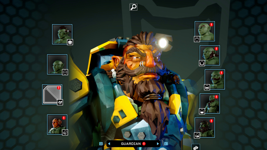 A bearded dwarf wearing a helmet with a headlamp in a digital interface showing multiple small portrait images of orcs and humans.