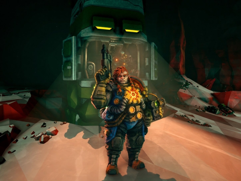 Figure in heavy armor with glowing chest symbol holding a raised rifle in front of a large illuminated mechanical head in a dark setting
