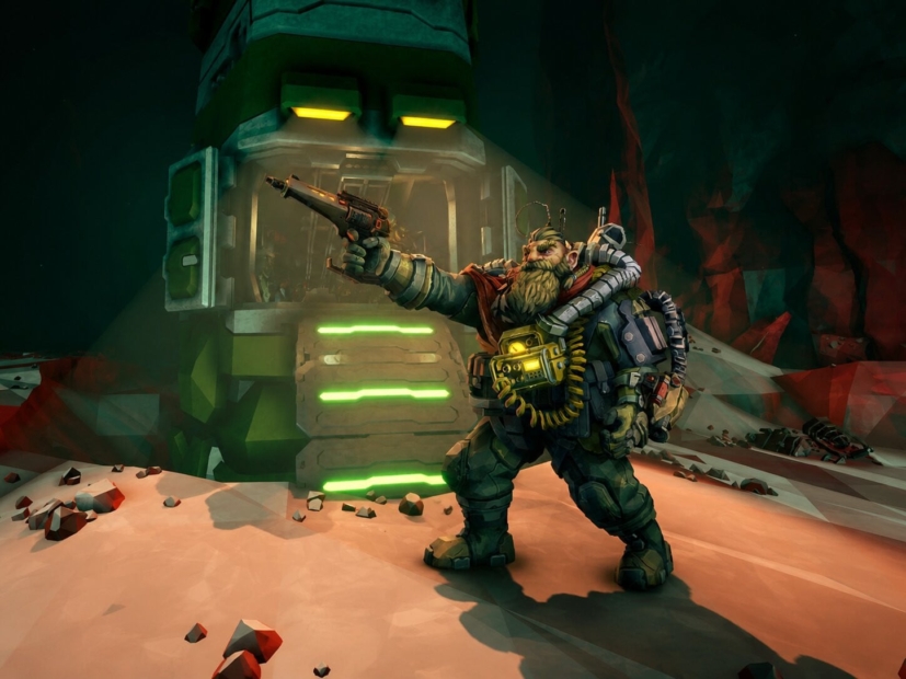 Bearded dwarf in armor holding a weapon standing in front of a lit futuristic entrance in a rocky environment