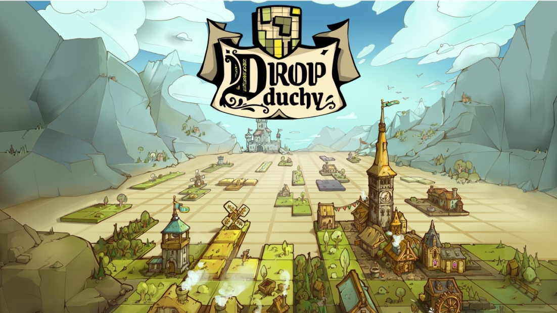 Illustrated medieval landscape with a castle, towers, and fields under a blue sky, featuring the 'Drop Duchy' logo at the top center