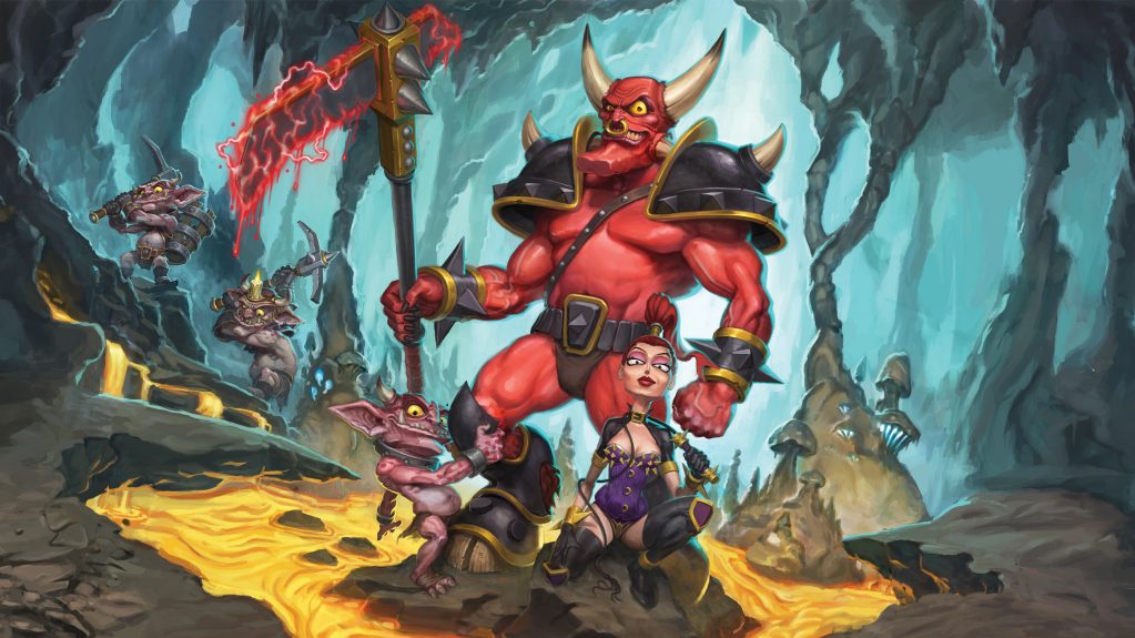 Roter Dämonenkrieger mit Hörnern und Rüstung, der einen brennenden Streitkolben in einer Höhle hält, umgeben von koboldähnlichen Kreaturen aus dem Spiel „Dungeon Keeper“.