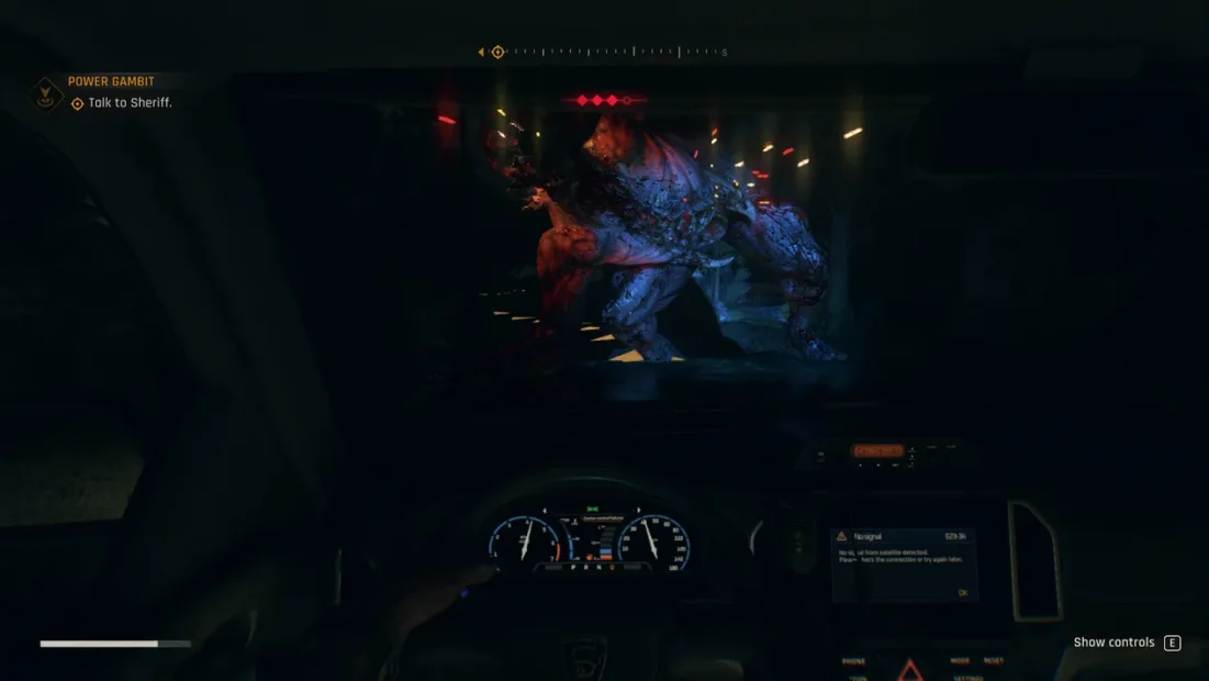 Dying Light The Beast Tips: View from inside a vehicle towards a creature from the game 'Dying Light The Beast'. The creature is large with a distorted shape and glowing eyes. The dashboard and steering wheel are visible in the foreground.