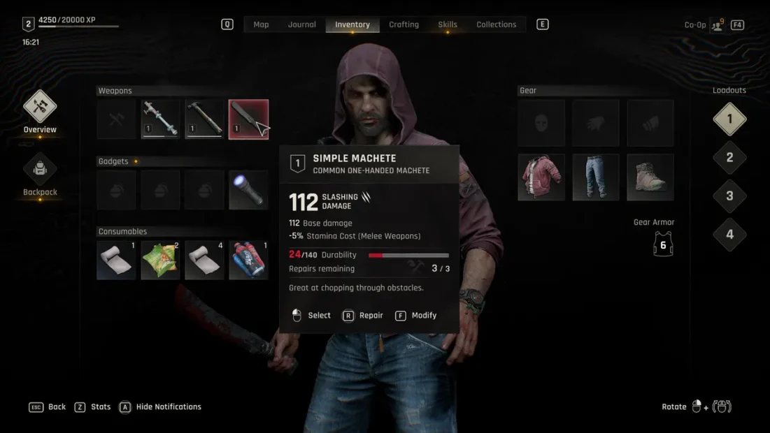 A character from the game Dying Light stands in the inventory. Displayed is a Simple Machete with 112 damage points and 3 repairs remaining. The character wears a gray hoodie and jeans.