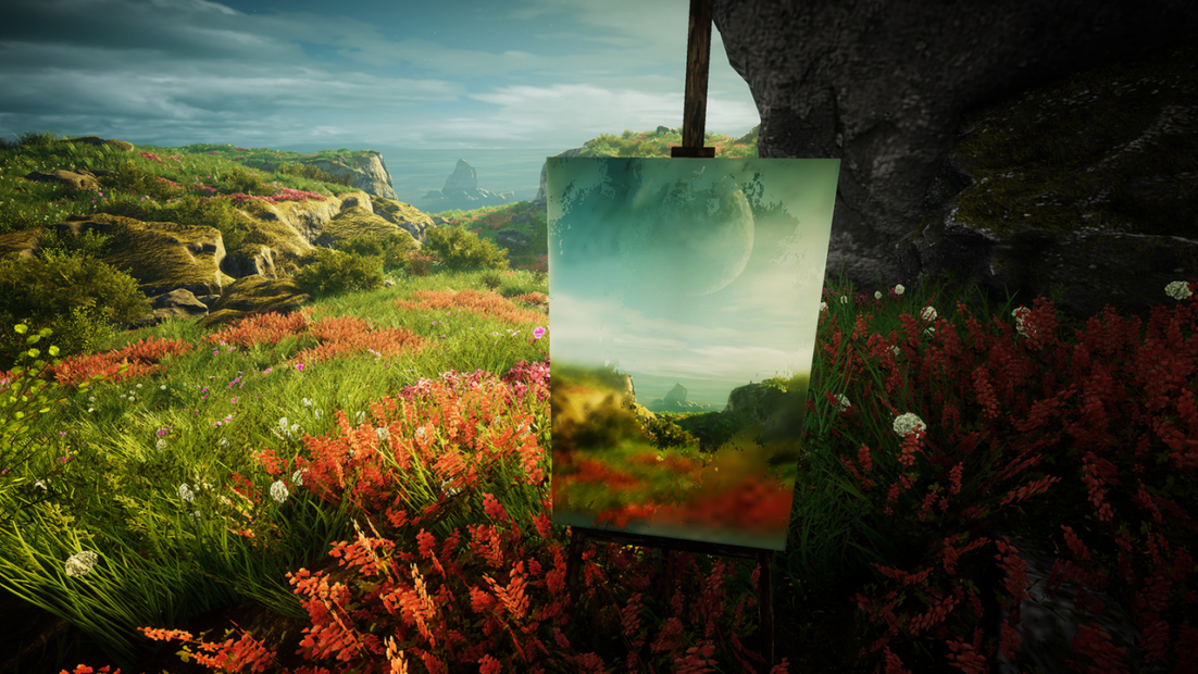Leinwand mit Landschaftsmalerei steht in einer Wiese mit grünen Gräsern und roten Blumen, im Hintergrund Hügel und bewölkter Himmel.