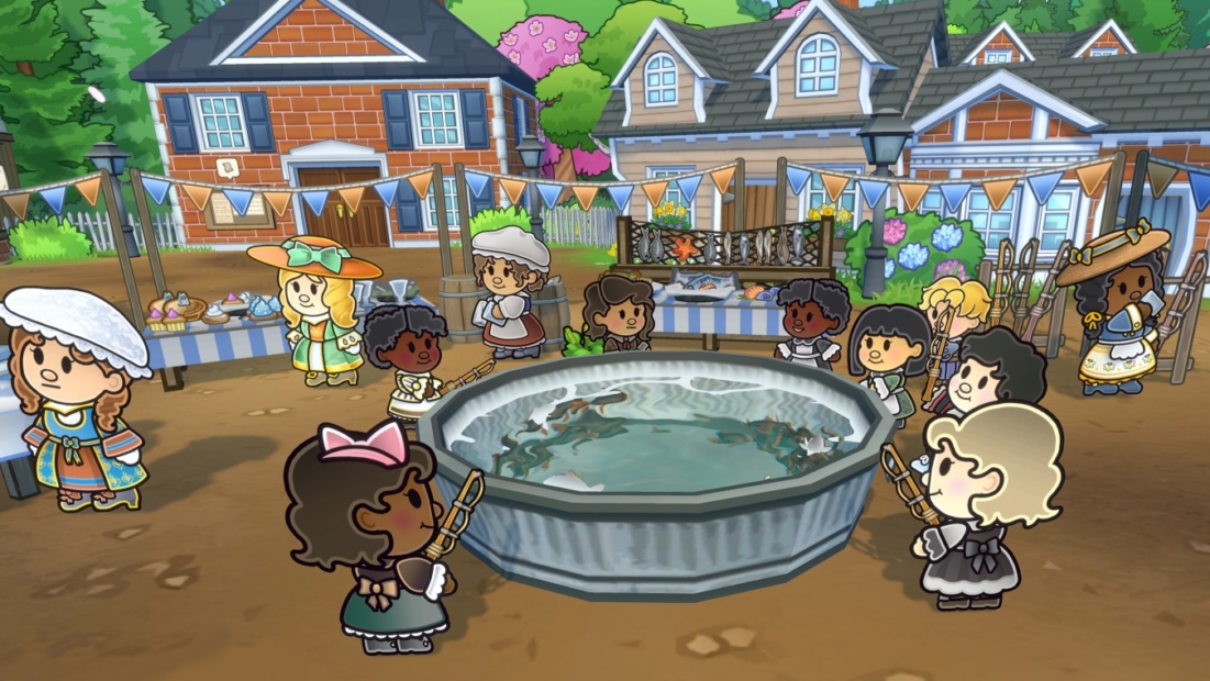 Characters in vintage clothing fishing in a large metal tub outdoors with houses and market stalls in the background, scene from the game 'Echoes of the Plum Grove'