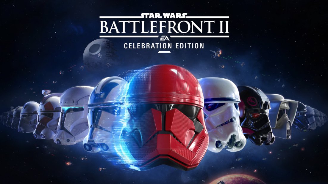 Multiple Star Wars helmets including a red clone trooper helmet against a space background with the text 'Star Wars Battlefront II Celebration Edition'.