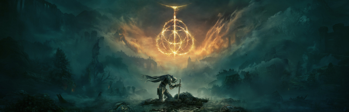 Best open-world games: ELDEN RING. A figure kneels before a sword planted in the ground beneath a glowing circular symbol in the sky in a dark landscape