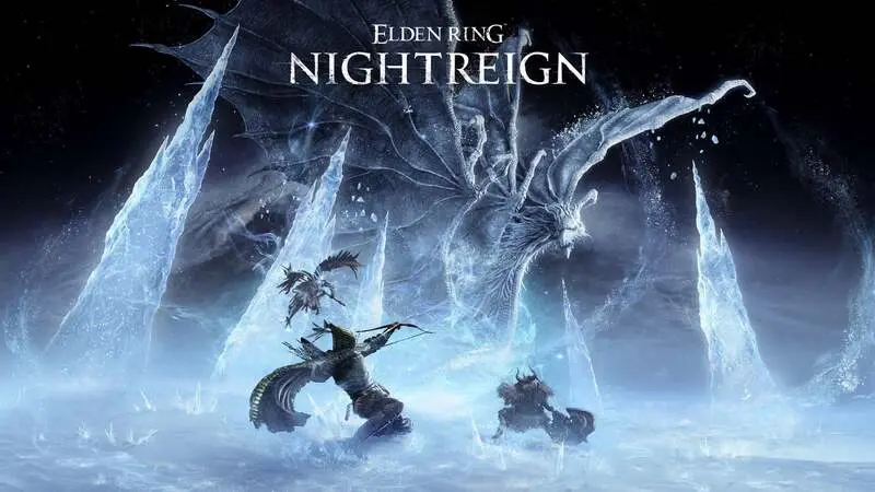 A warrior with a bow faces a large, menacing dragon surrounded by towering ice spikes in a dark, icy environment, with the title 'Elden Ring Nightreign' above.