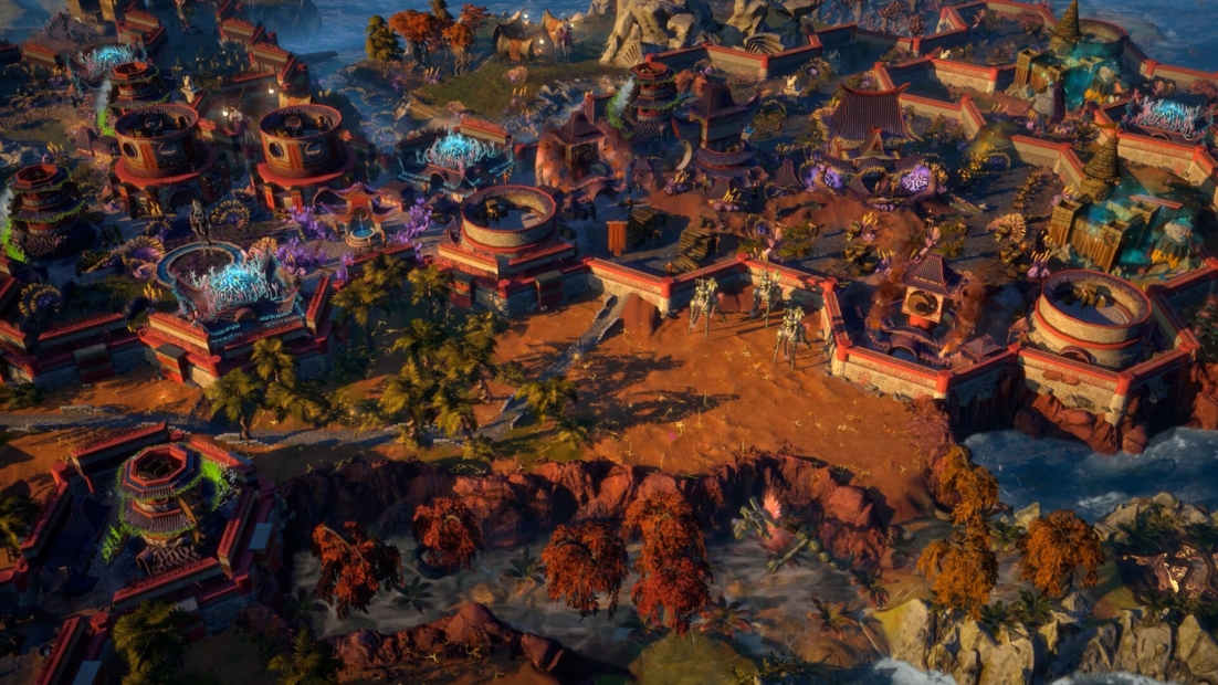 ENDLESS legend 2 tips: Bird's-eye view of a colorful, detailed fantasy city with round buildings, bridges, and autumn trees in ENDLESS Legend 2.
