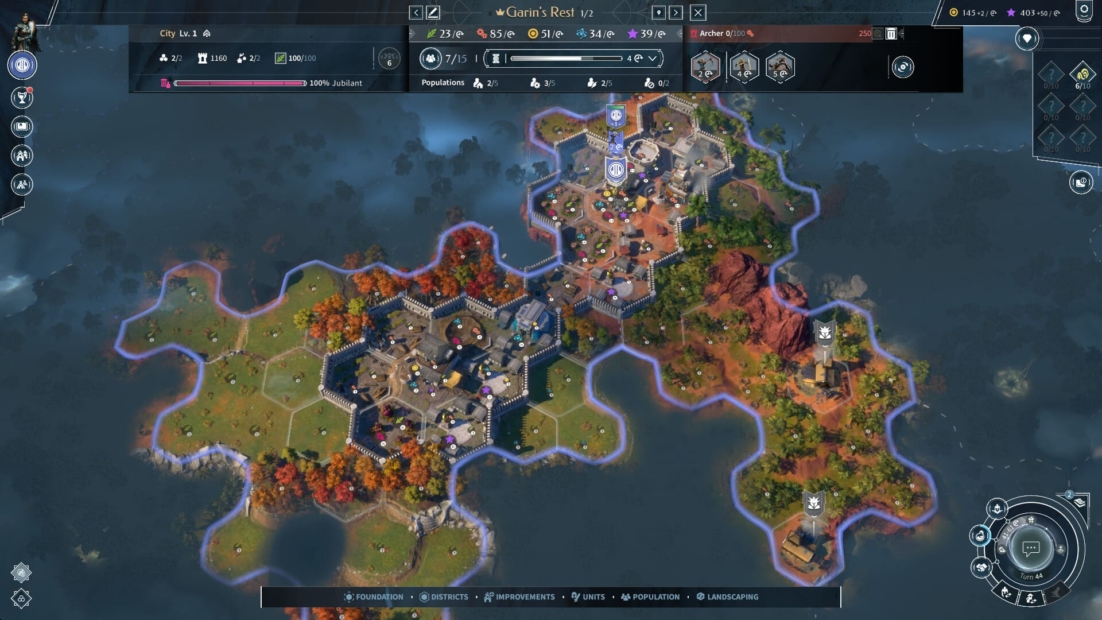 Map from Endless Legend 2 showing the city 'Garin's Rest' surrounded by hexagonal tiles with buildings, units, and terrain including forest and mountains.