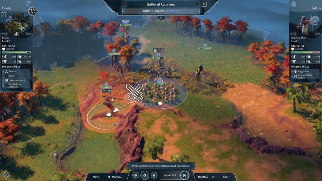 Strategic battle scene from Endless Legend 2 showing units on autumn-colored terrain, unit statistics, and battle controls.