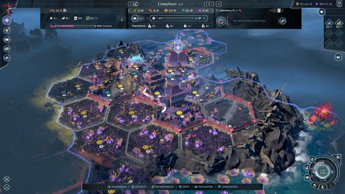 City overview in Endless Legend 2 showing multiple districts, buildings, and resources on a rocky island with purple and blue accents.