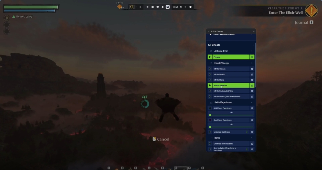 Enshrouded Mods von PLITCH: Screenshot eines Videospiels mit einer Spielfigur in einer Landschaft bei Dämmerung und einem geöffneten Cheat-Menü auf der rechten Seite